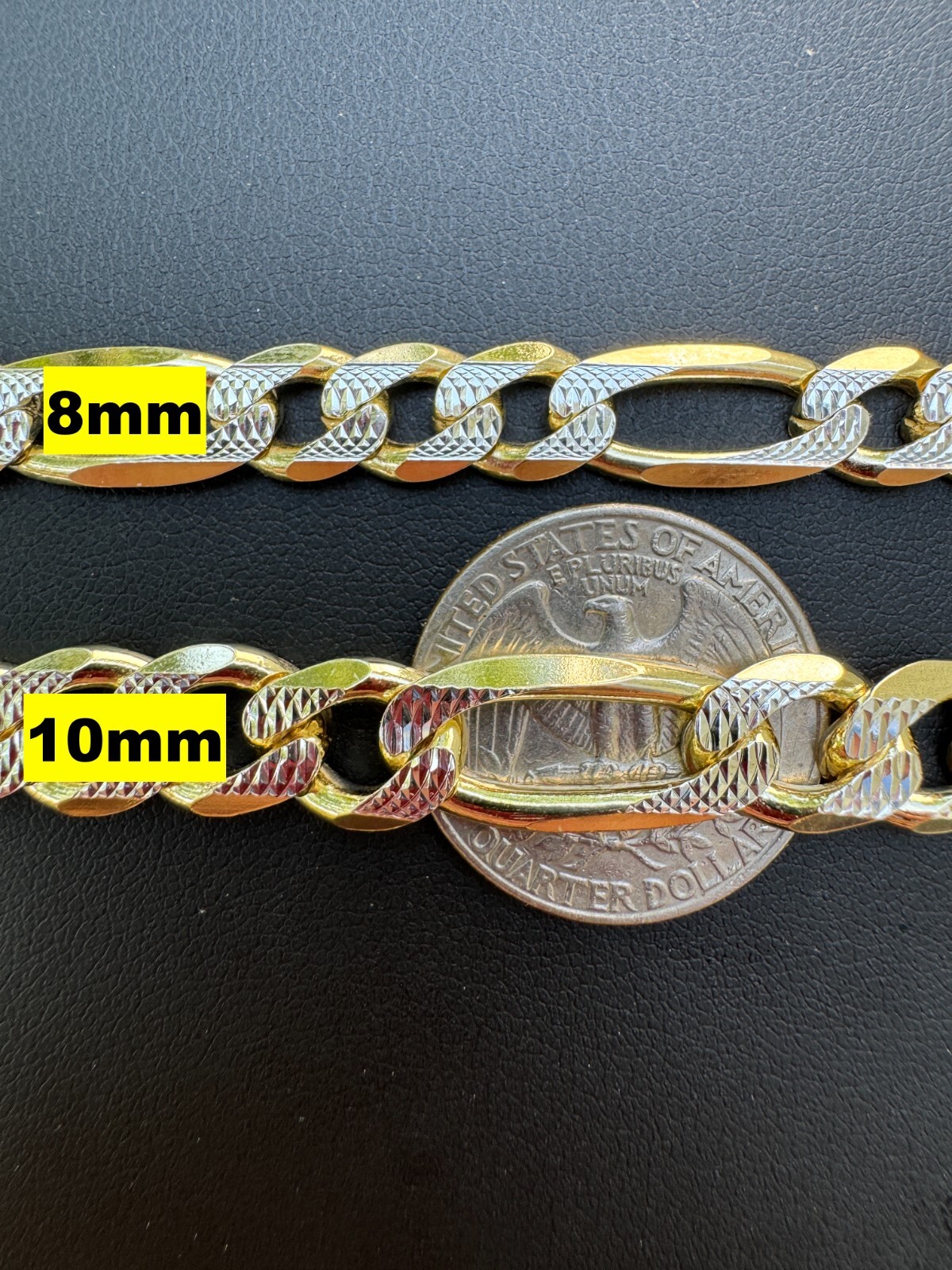 14k Gold Plated Solid 925 Sterling Silver Figaro Link Chain Two Tone Diamond Cut