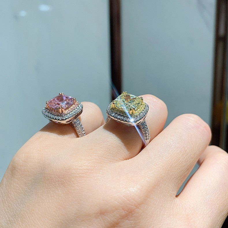 Pink and Yellow Square Zirconia Ring, Adjustable