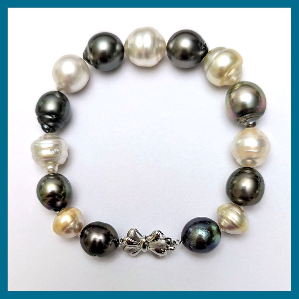 10.5MM – 12.7X13.7MM Multi Color Tahitian & South Sea Pearl Bracelet, 14K Clasp