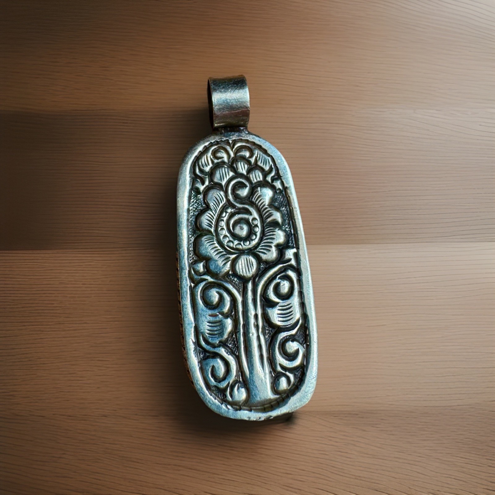 Vintage Himalayan Agate Pendant Auspicious Floral Carving Set in Silver 2in,20g
