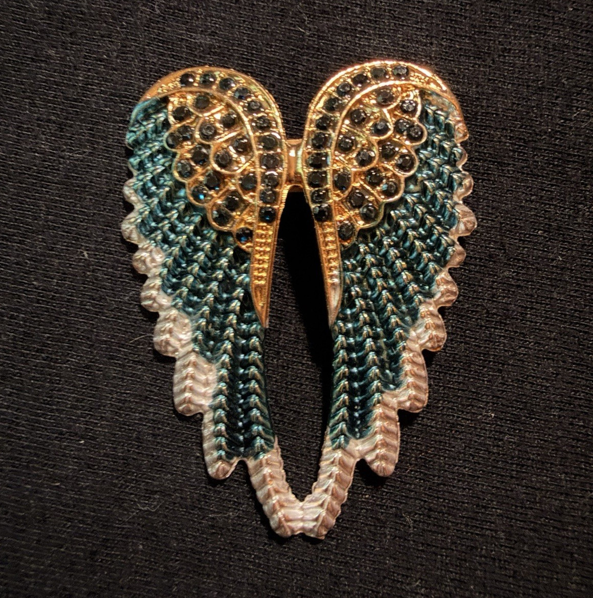 Gold Tone Blue & White Enamel Angel Wing Brooch Pin w Pavé Crystals 2in