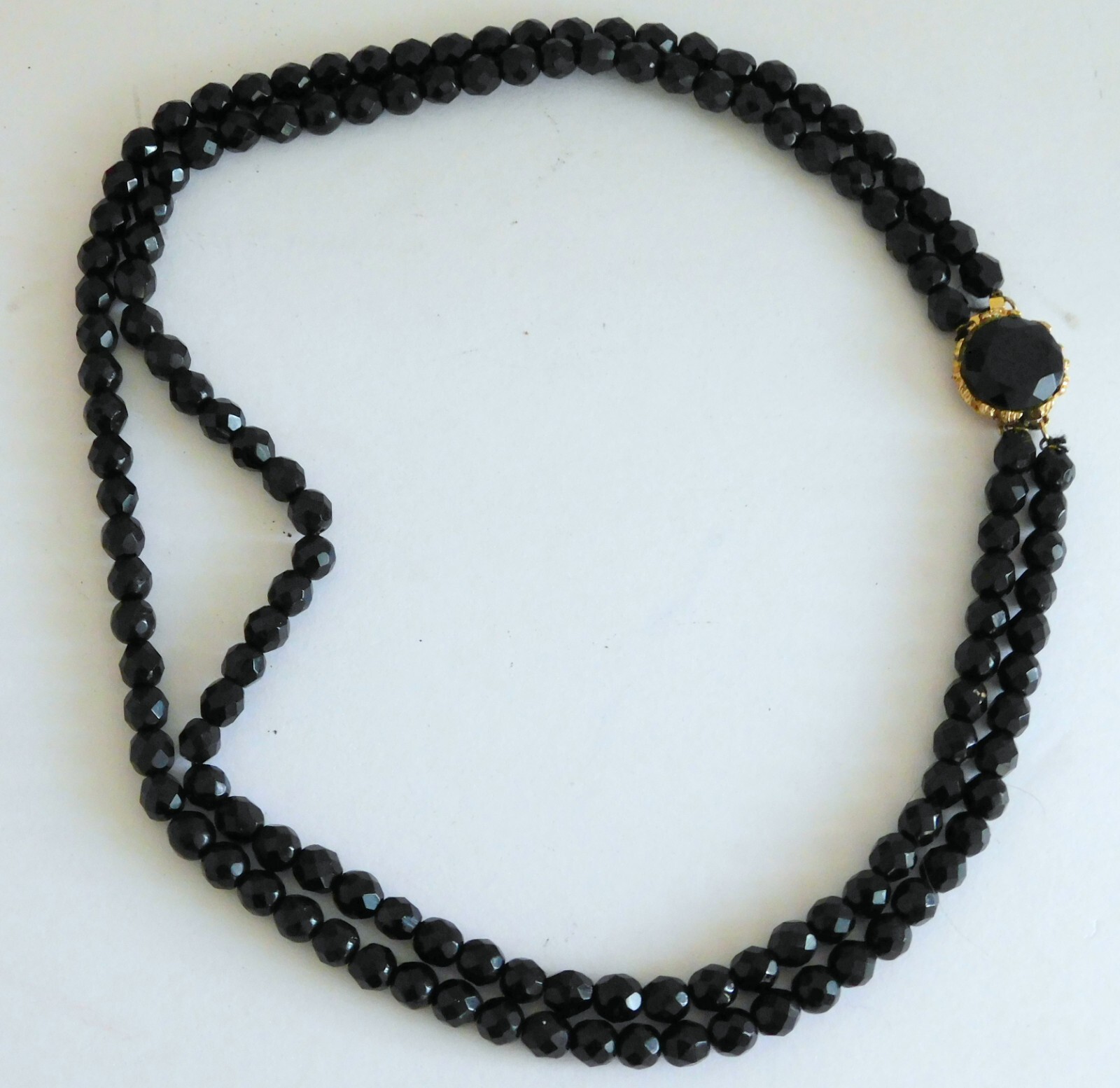 Gorgeous Vintage Jet Black Faceted Glass Double Strand Necklace Ornate Clasp