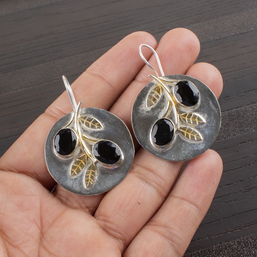 Sterling Silver Natural Black Onyx Birthday Dangle Drop Ethnic Earrings Jewelry