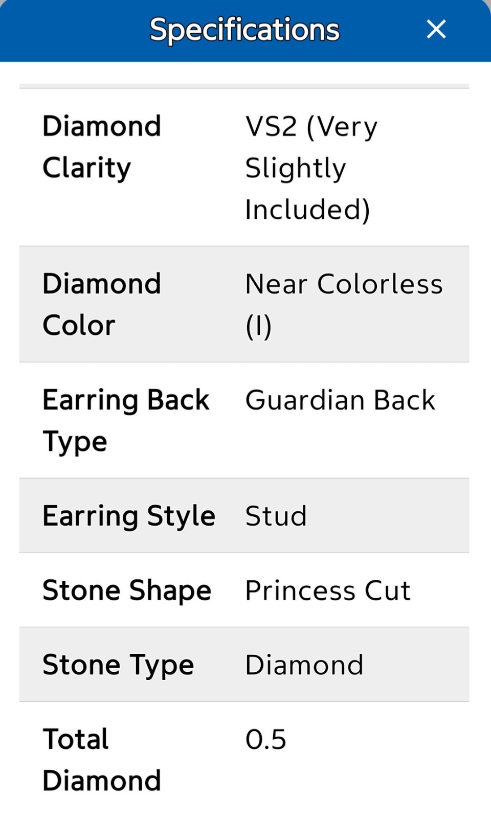COSTCO (single) Princess Cut 0.25cw Diamond White Gold Stud Earring REPLACEMENT
