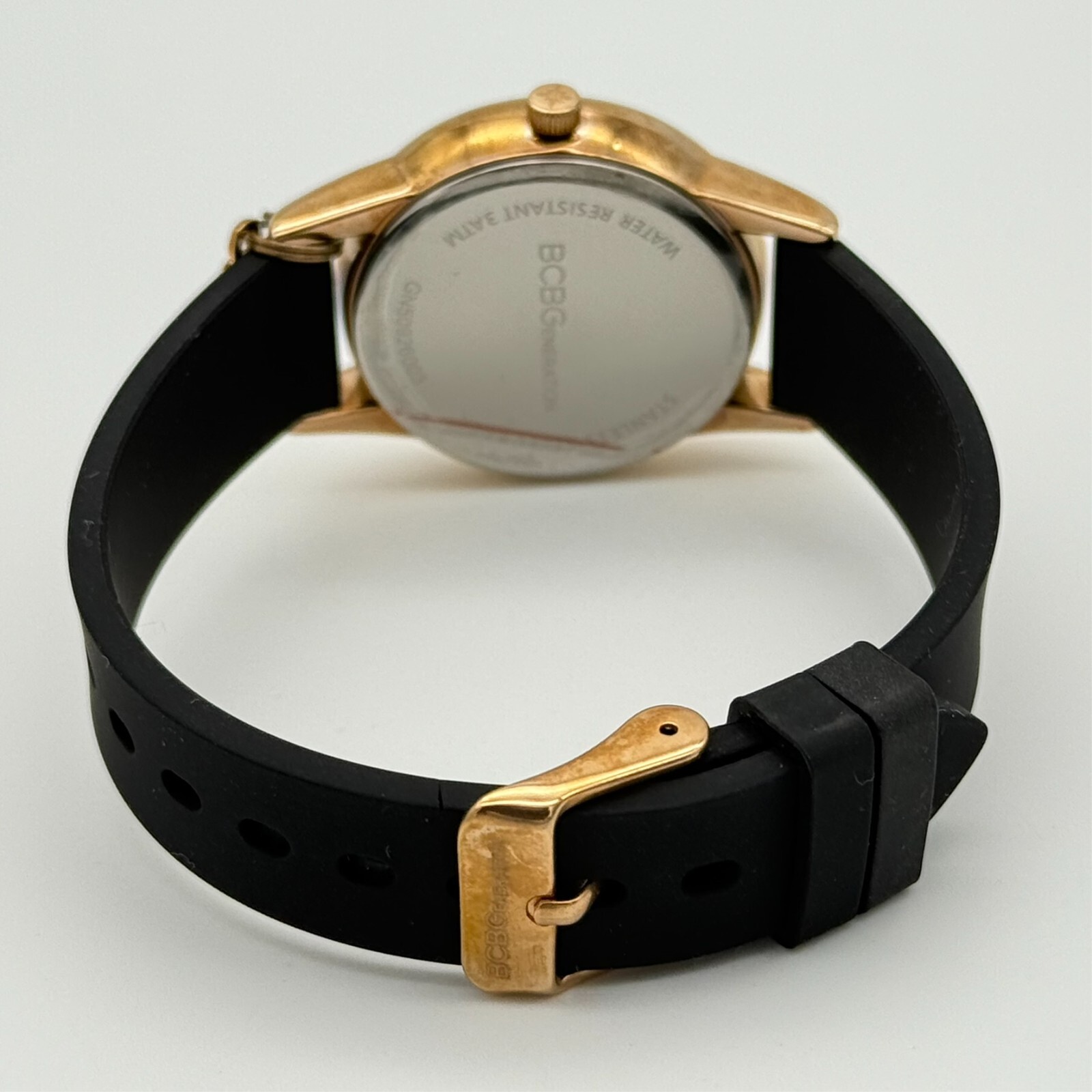 Ladies BCBGeneration Rose Gold Tone, Black Silicone Band Analog Watch, BCBG 33mm
