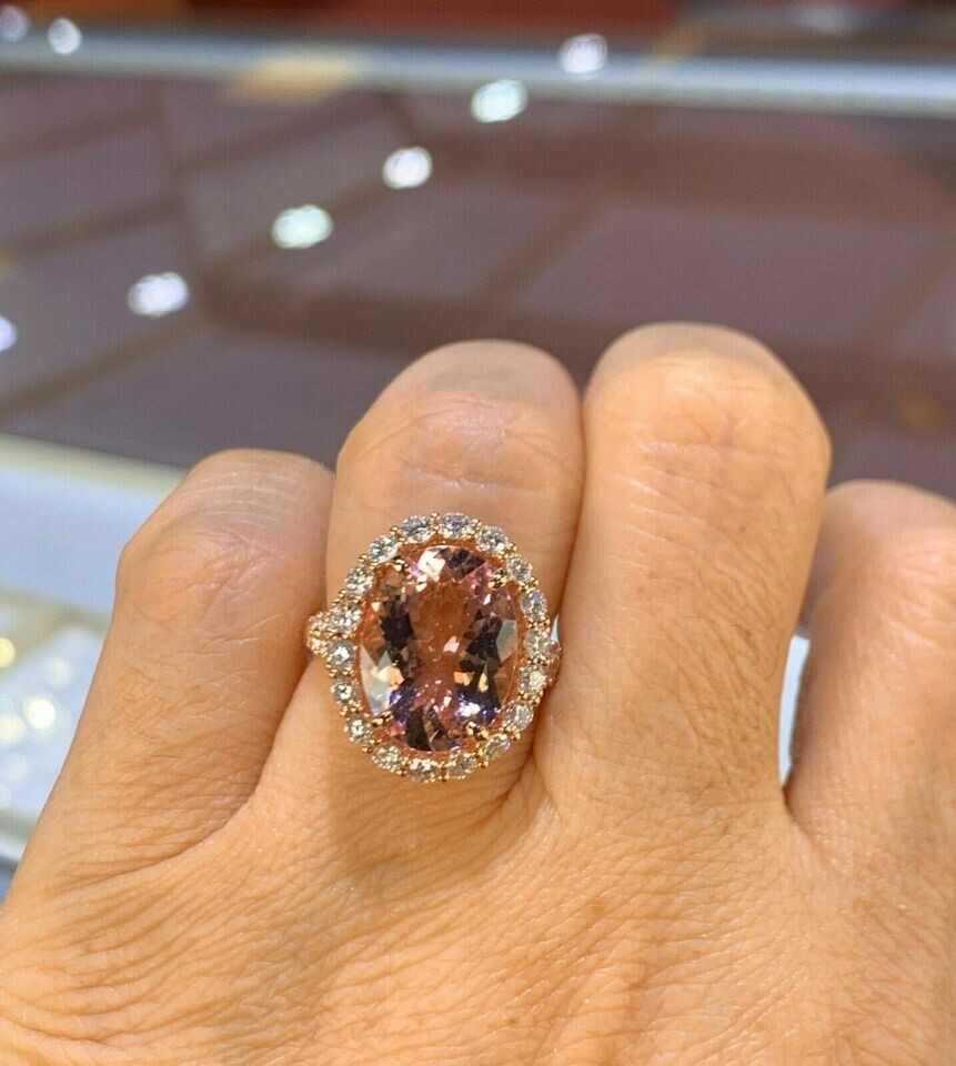 4Ct Oval Cut Morganite and Diamond Halo Engagement Ring In 14K Rose Gold Finish