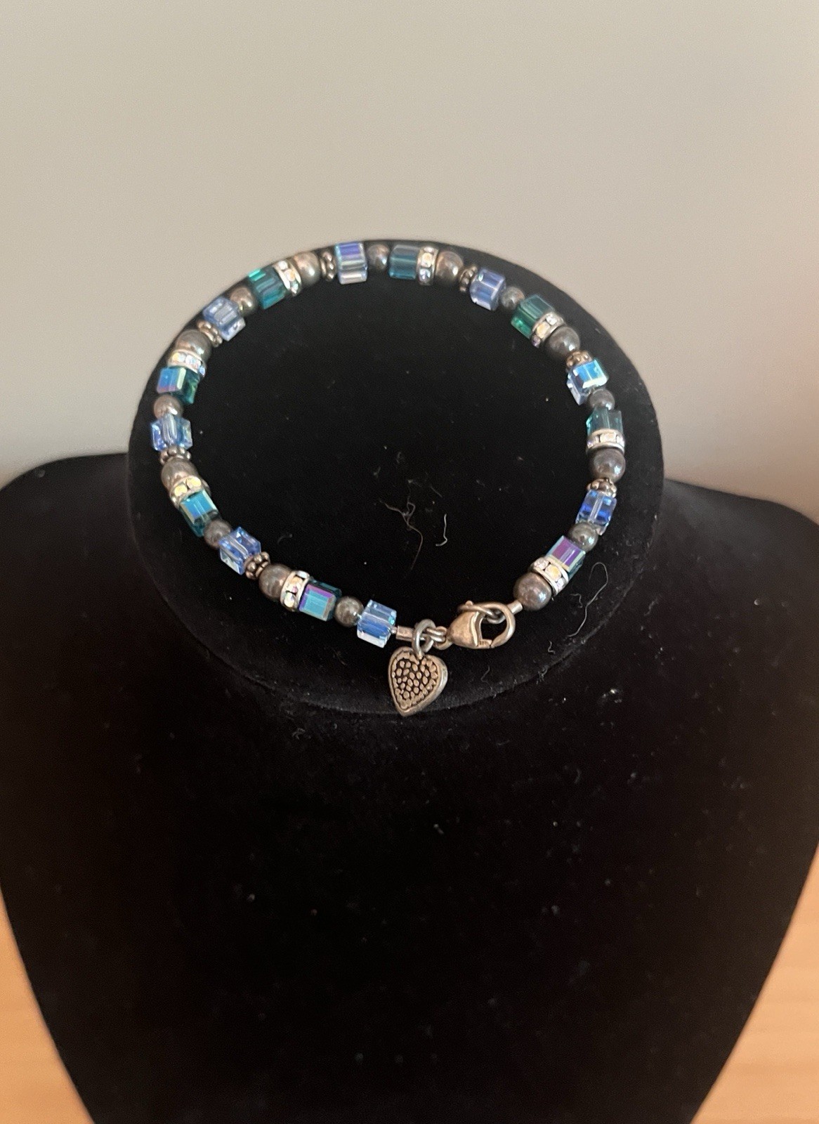Handcrafted Bracelet With Blue&silver Beads-Heart Charm/Safety Crimping Clasp