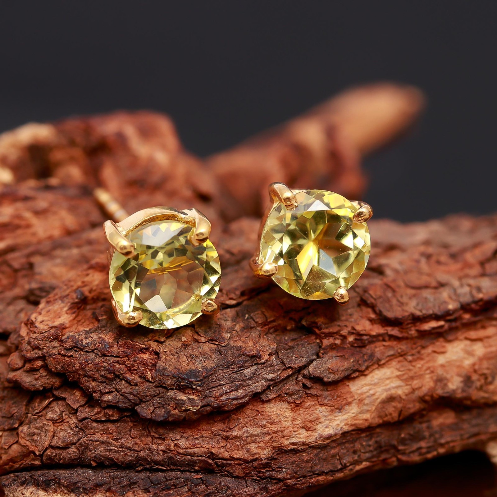 Natural Lemon Quartz Round Stud Earrings Gold Plated 925 Sterling Silver Jewelry
