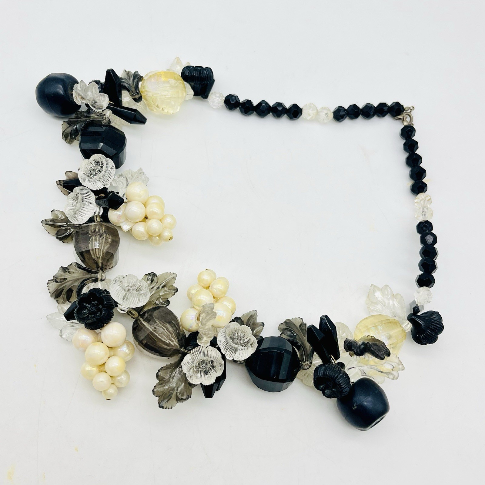 Chunky Black Cream Necklace Grape Cluster Leaf Lucite Floral Bib Statement
