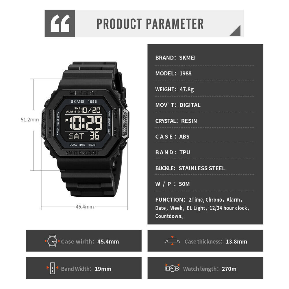 SKMEI Men Watch Rectangle Sport Watches Students Boy LED Date Digital Wristwatch