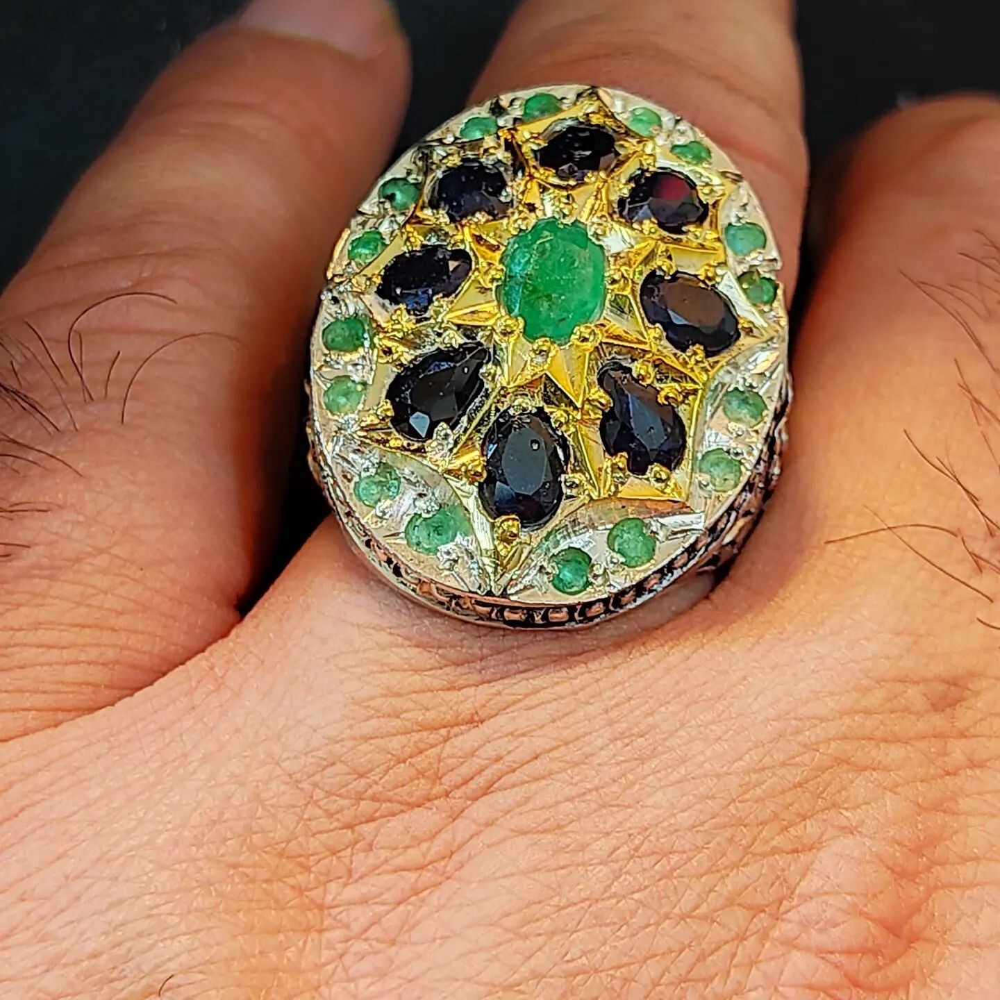 Natural Emerald Stones with Sapphire Stones Ring Multi Stones Handmade Ring