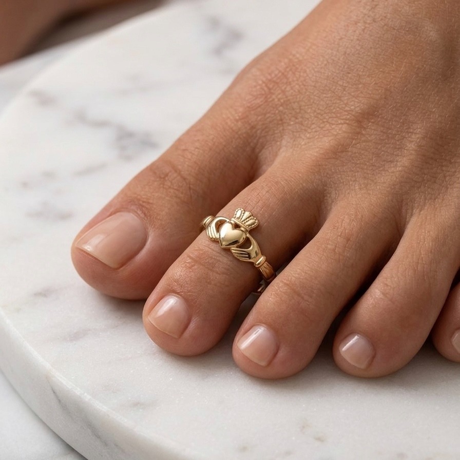 Adjustable Irish Celtic Claddagh Toe Ring REAL Solid 14K Yellow Gold