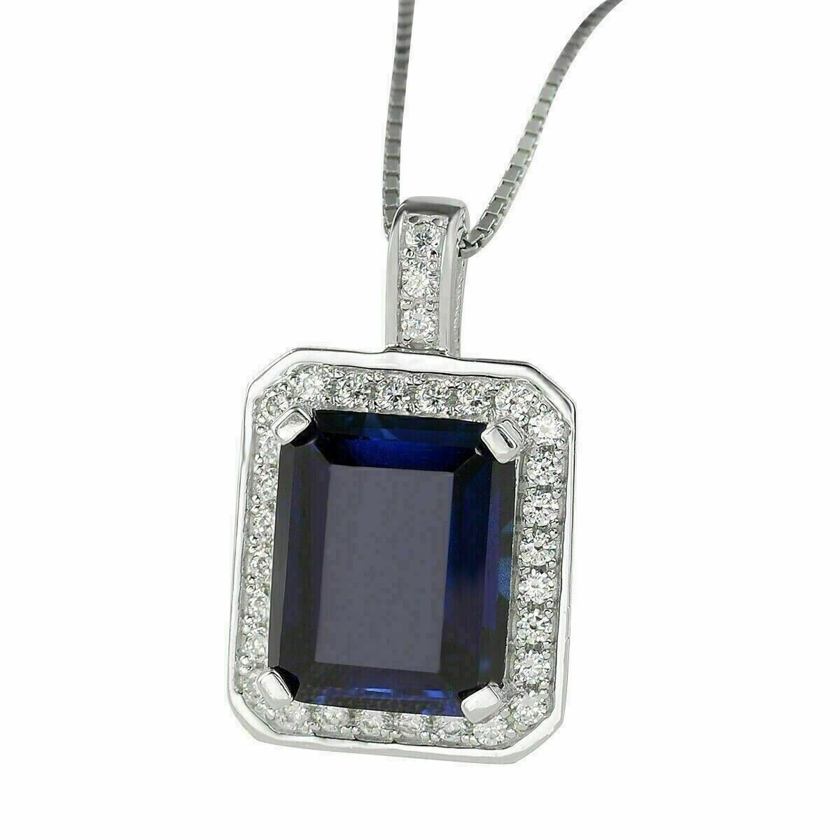 Sterling Silver Sapphire Blue Emerald-Cut Halo Pendant Necklace for Womens