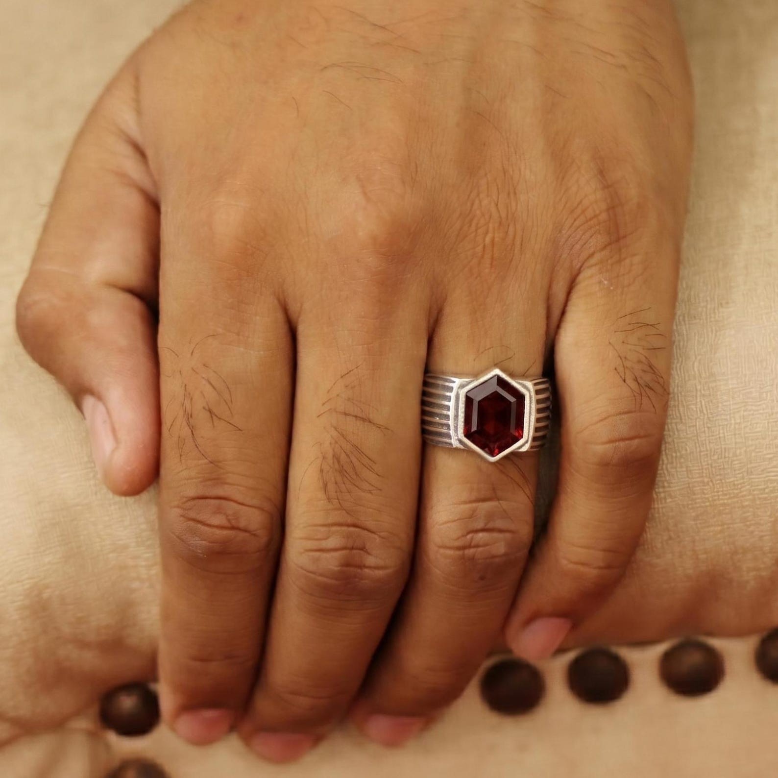 Hexagon Cut Garnet Men’s Signet Ring, Vintage Geometric Statement Style Ring