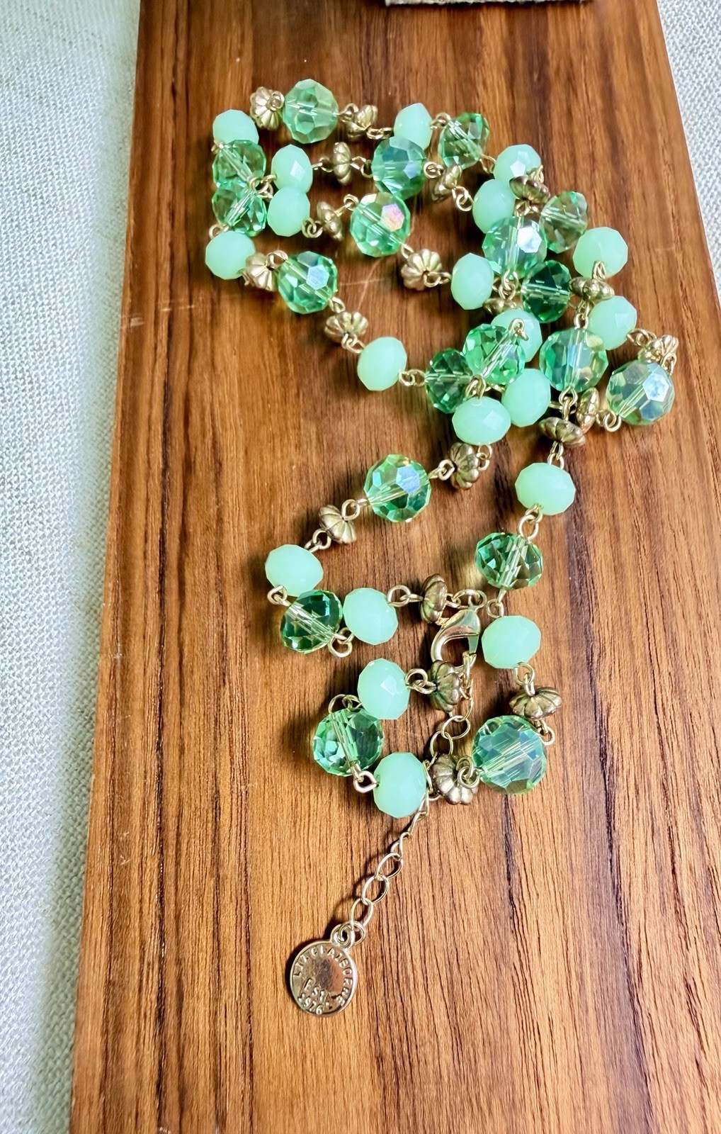 Liz Claiborne Green Round Crystal Bead Necklace Signed Adjustable Lobster Clasp