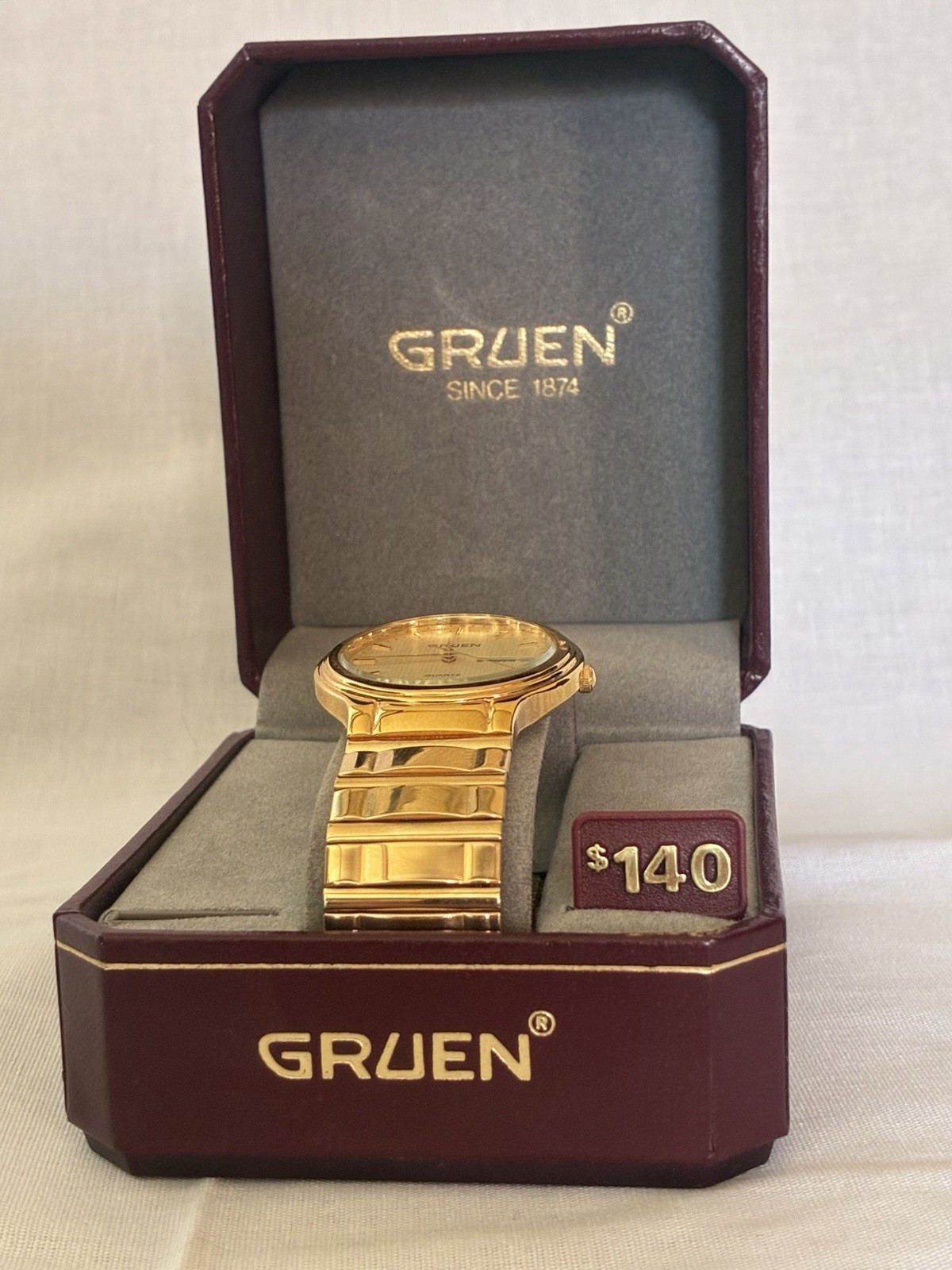 Vintage Gruen Quartz Day-Date Men’s Dress Watch, Gold-Tone NIB
