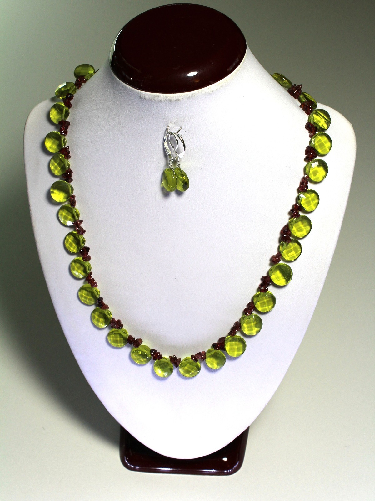 Handmade Semi-Precious Stone Peridot and Garnet Necklace Gift Earrings Set