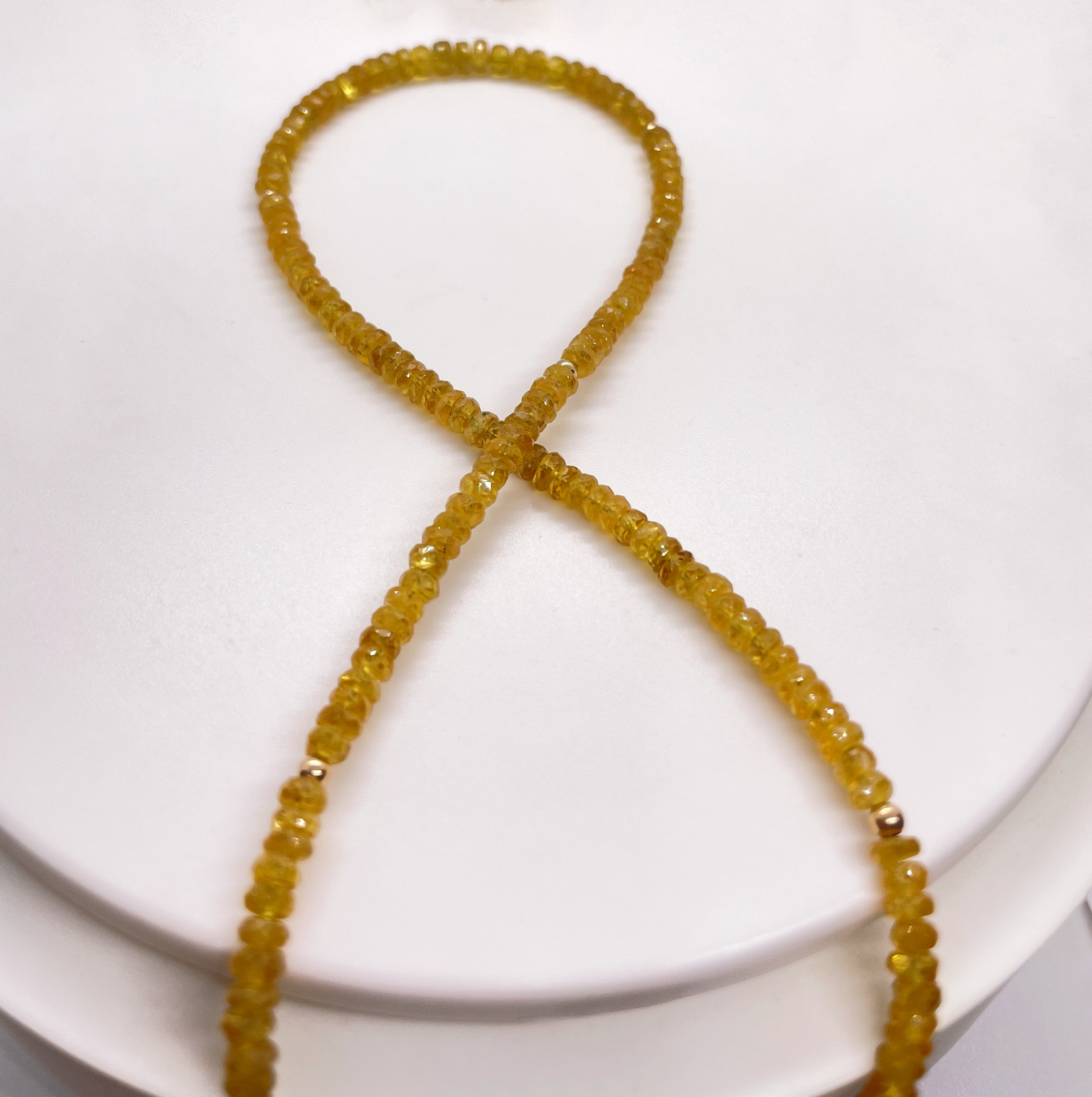 Natural Yellow Sapphire Beaded Necklace with Gold Beads 18 inch