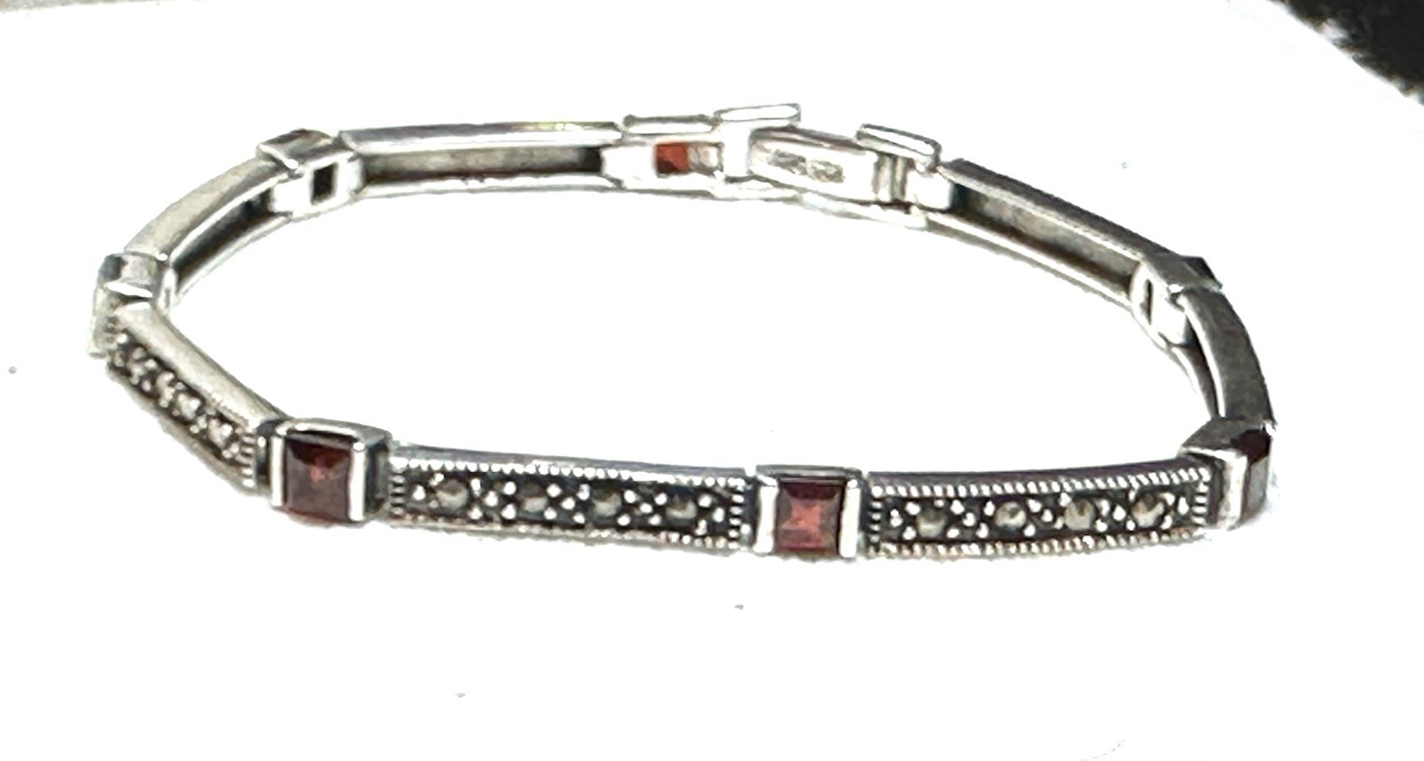 Vintage Sterling Silver Marcasite & Garnet/Ruby Bracelet 7″