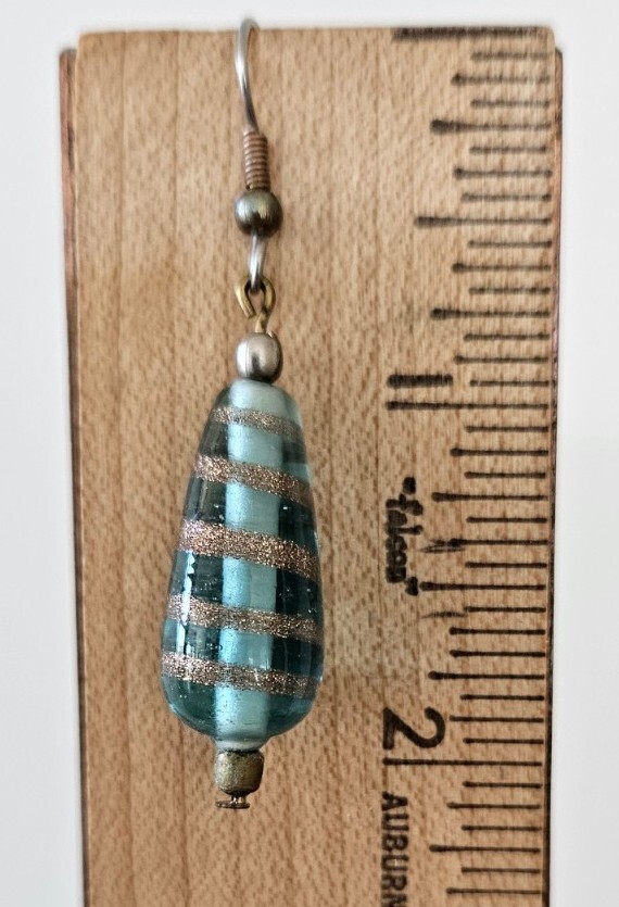 Glass Earrings Teardrop Blue Gold Swirl Pear Shaped Stainless French Hook Drop