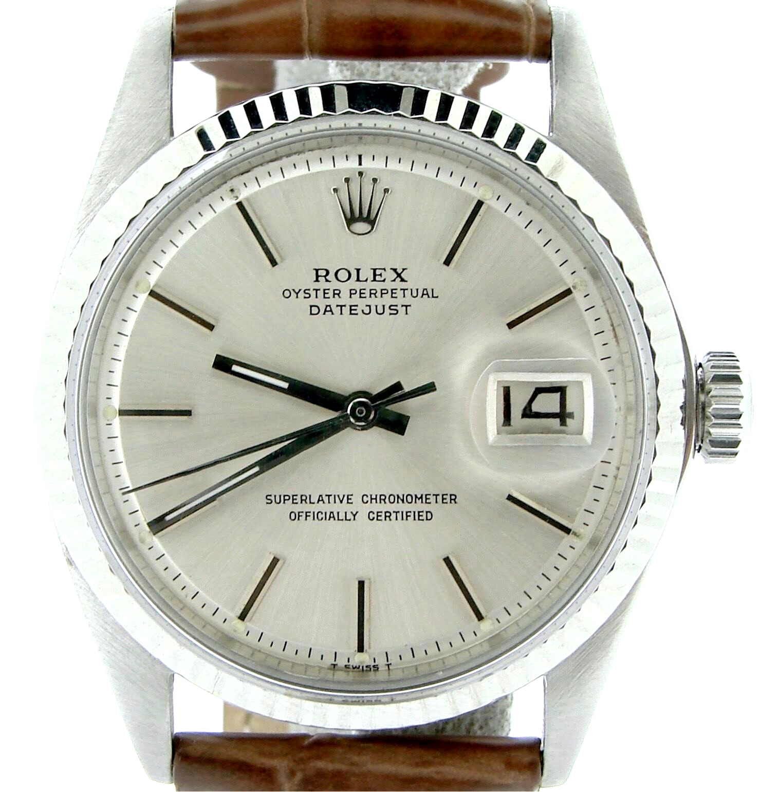 Rolex Datejust 1601 Mens Stainless Steel 18K White Gold Watch Silver Dial Brown