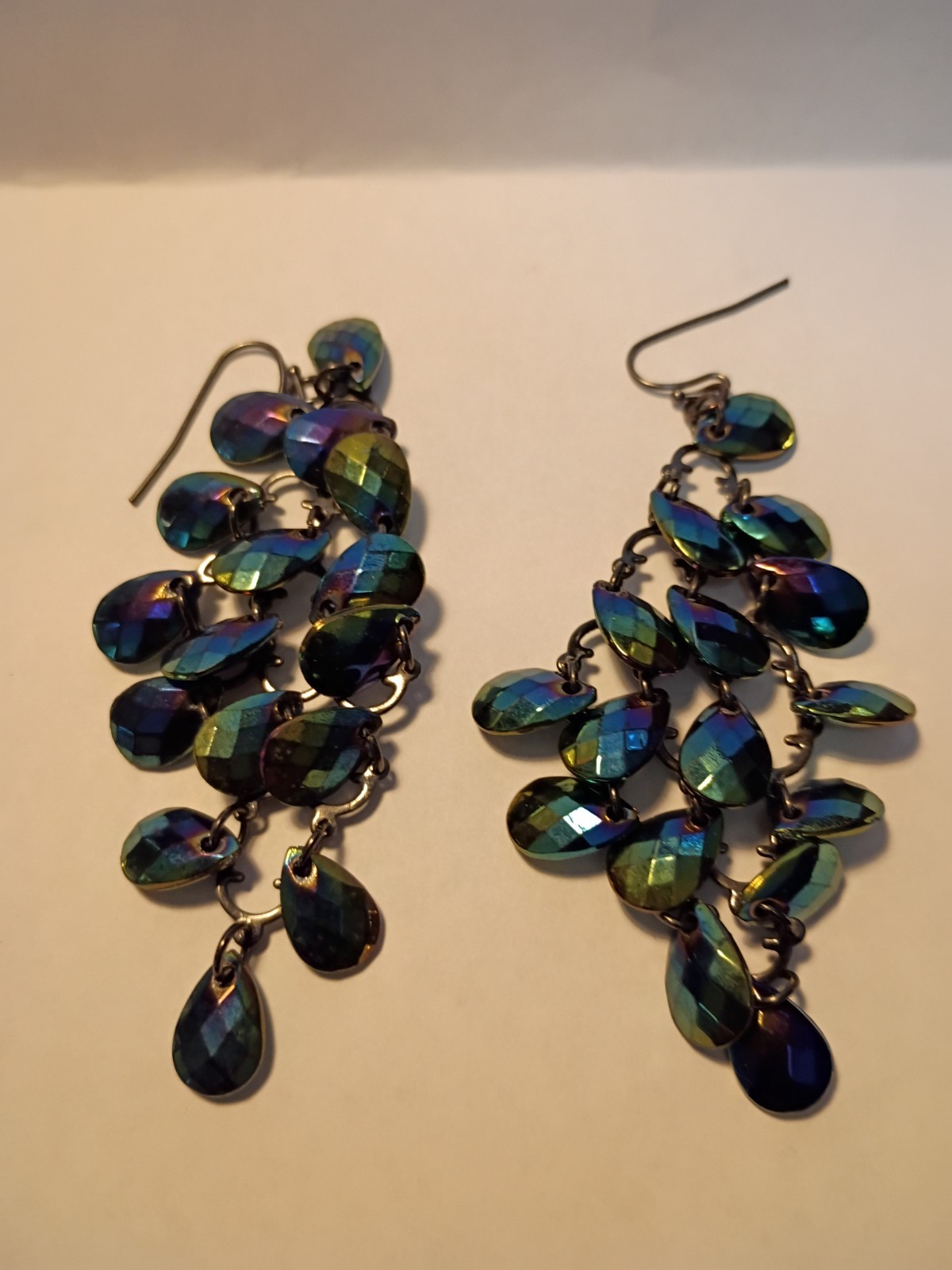 Vintage Iridescent Peacock Chandelier Dangle Earrings