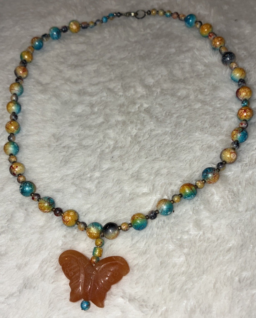 Handmade Gemstone Butterfly Pendant Necklace Boho Carved Carnelian Agate Glass