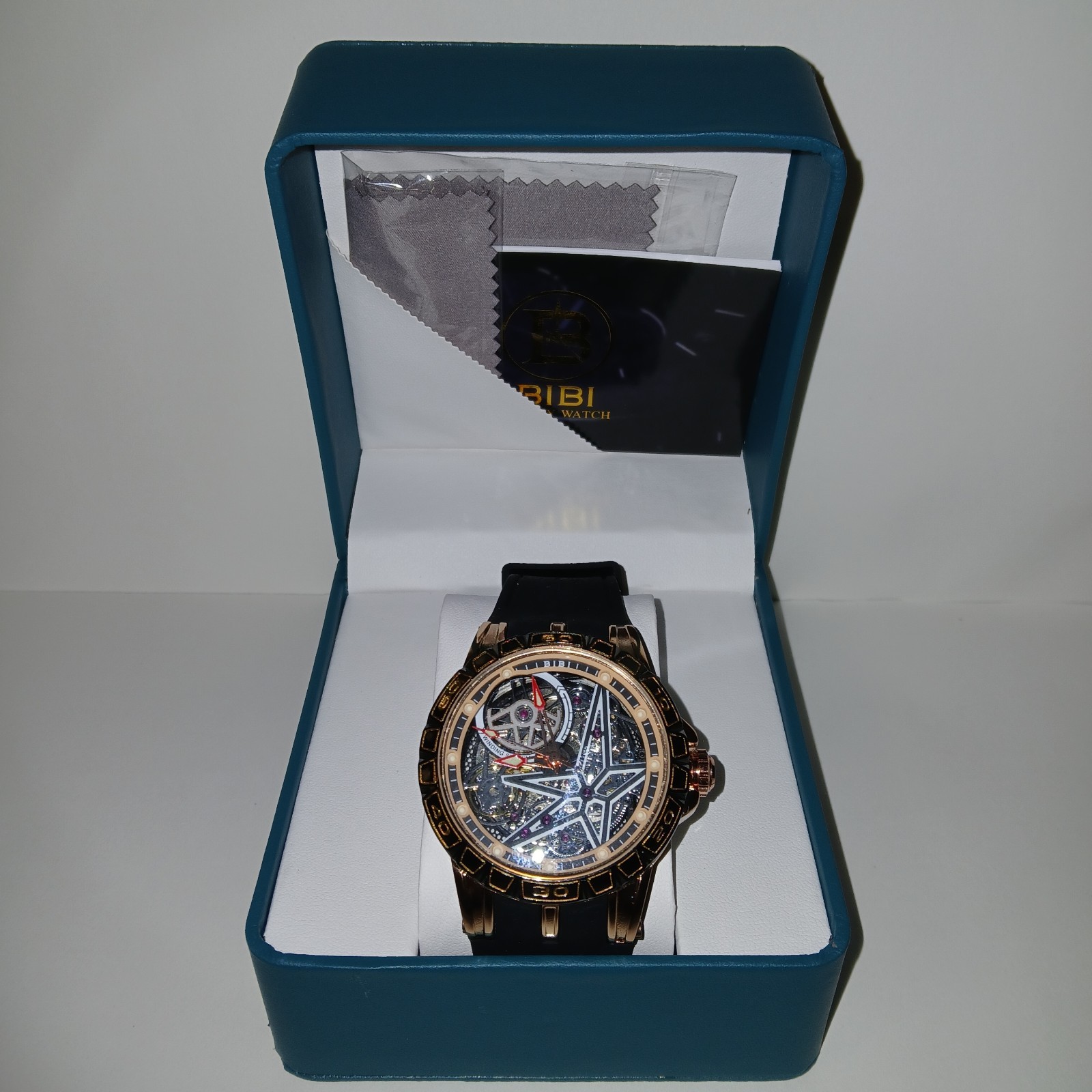 ​BiBi Automatic Skeleton Watch Men Rose Gold Star Dial Mechanical Rubber Strap
