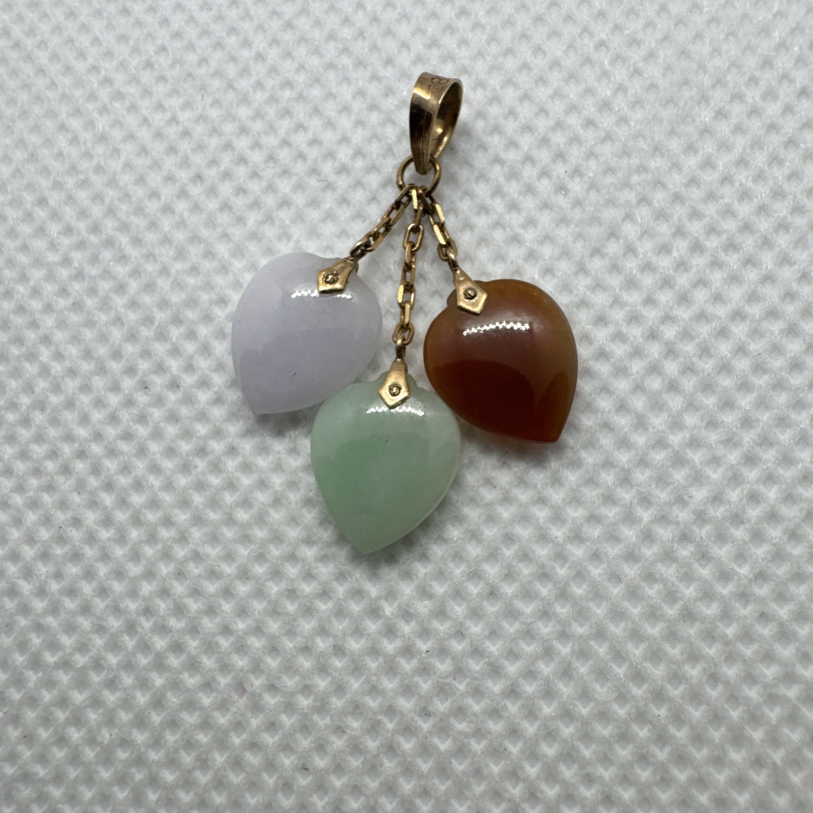 14k Solid Yellow Gold Green Brown White Jadeite Jade 3 Heart Pendant Charm 585