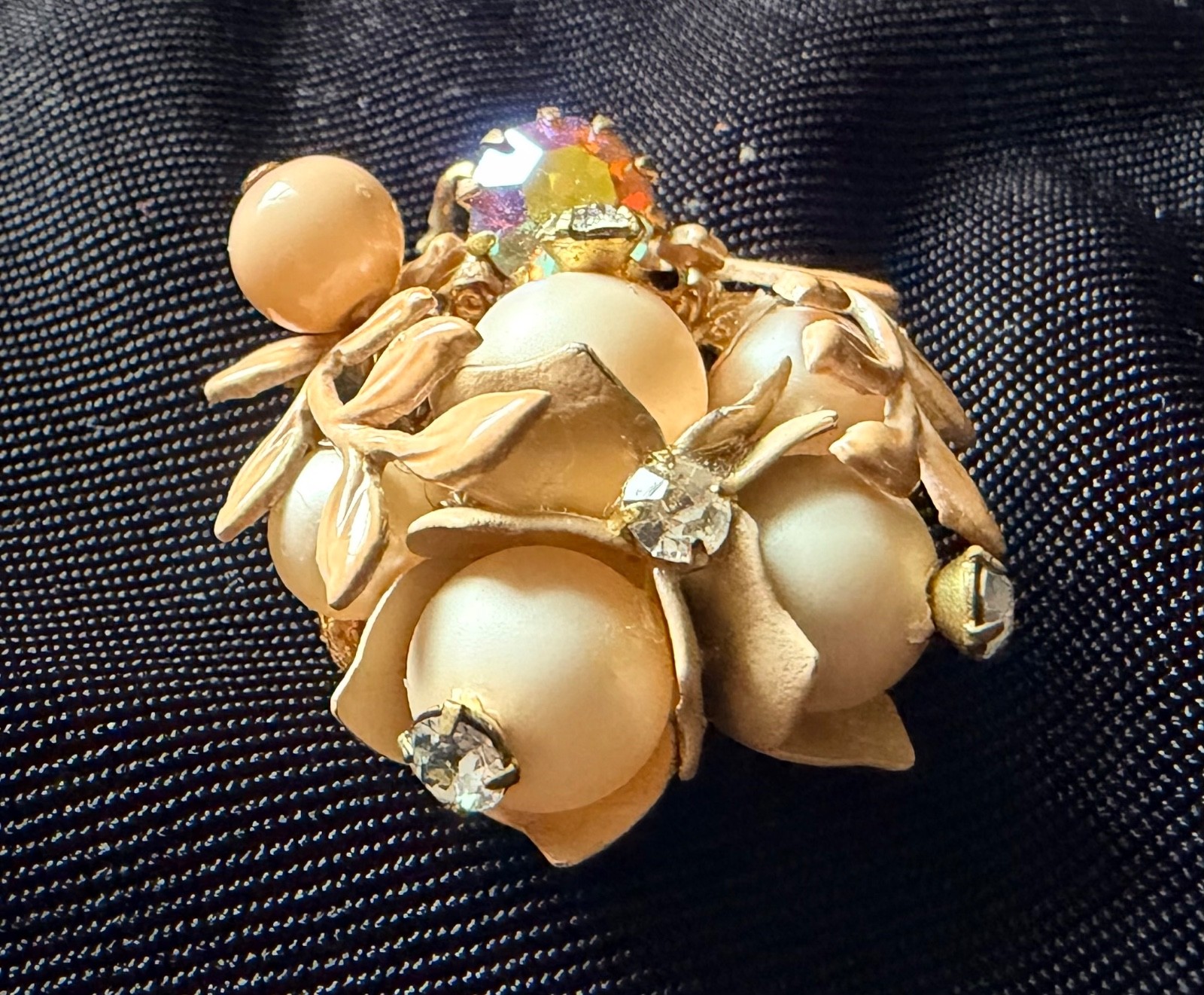 Unsigned Gold Tone Floral Brooch & Clip-On Earrings Set • Aurora/AB Rhinestones