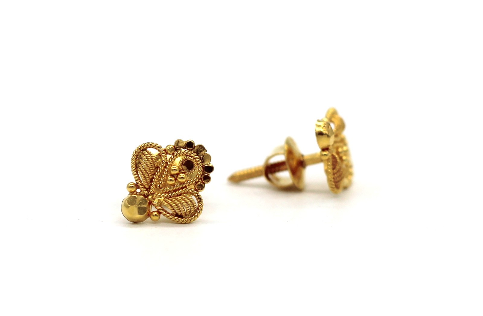 22K Yellow Gold Traditional Indian Ornate Filigree Screw-Back Stud Earrings 2.0g