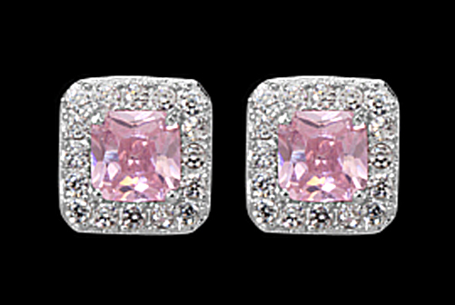 925 REAL SILVER RHODIUM PLATED *** Stud Earrings 8x8mm, Cubic Zirconia Pink