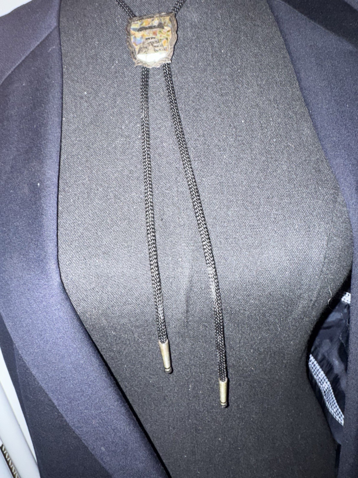 UFGM Men’s Adjustable Black Bolo Tie with Silver-Tone Metal Slide, Signed