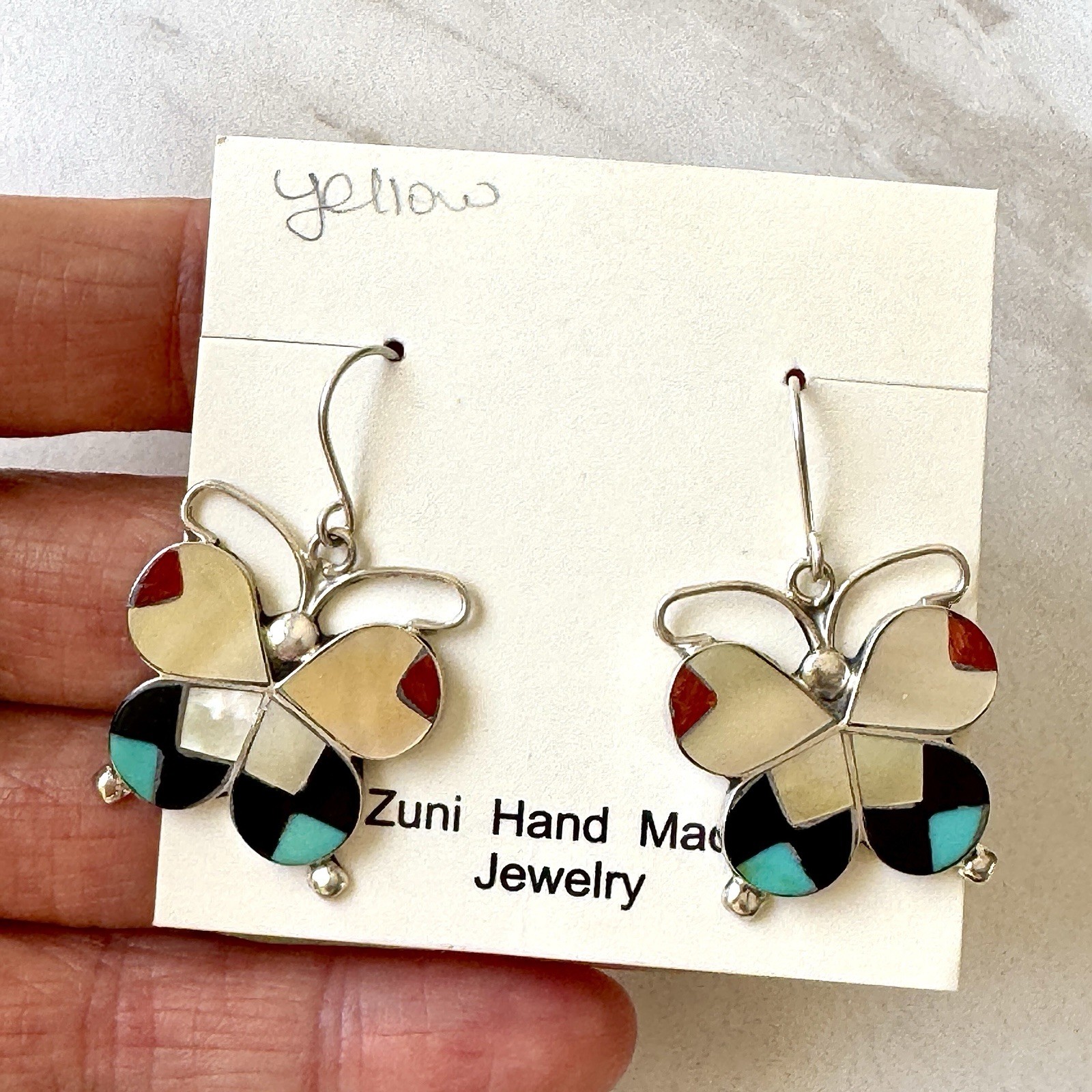Zuni Butterfly Turquoise Earrings Multi Stone Inlay Signed Dishta Sterling Bug