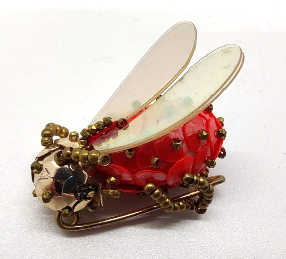 VINTAGE WEST GERMANY BEE INSECT PIN SEQUIN BUG BROOCH BEADED!