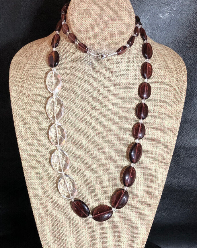 Burgundy Glass & Quartz Crystal Bead Station Necklace Sterling Silver 925 5393