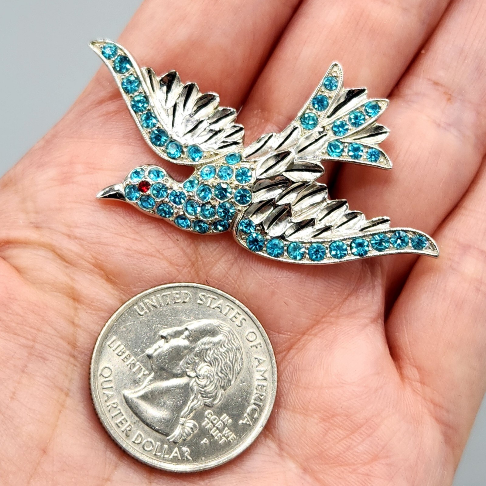 Vintage Retro Ora Signed Figural Blue Rhinestone Rhodium Plate Bird Brooch