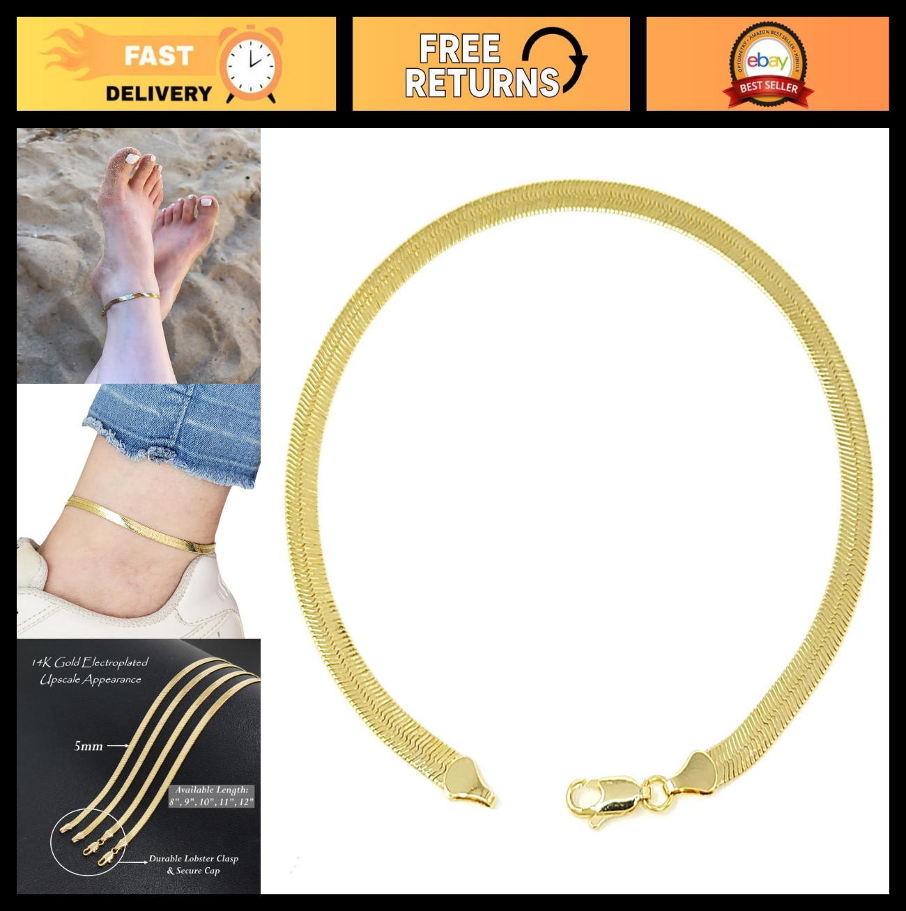 Gold Electroplated Anklet for Women, 9-12 Inch, Figaro Cuban Mariner Herringbone