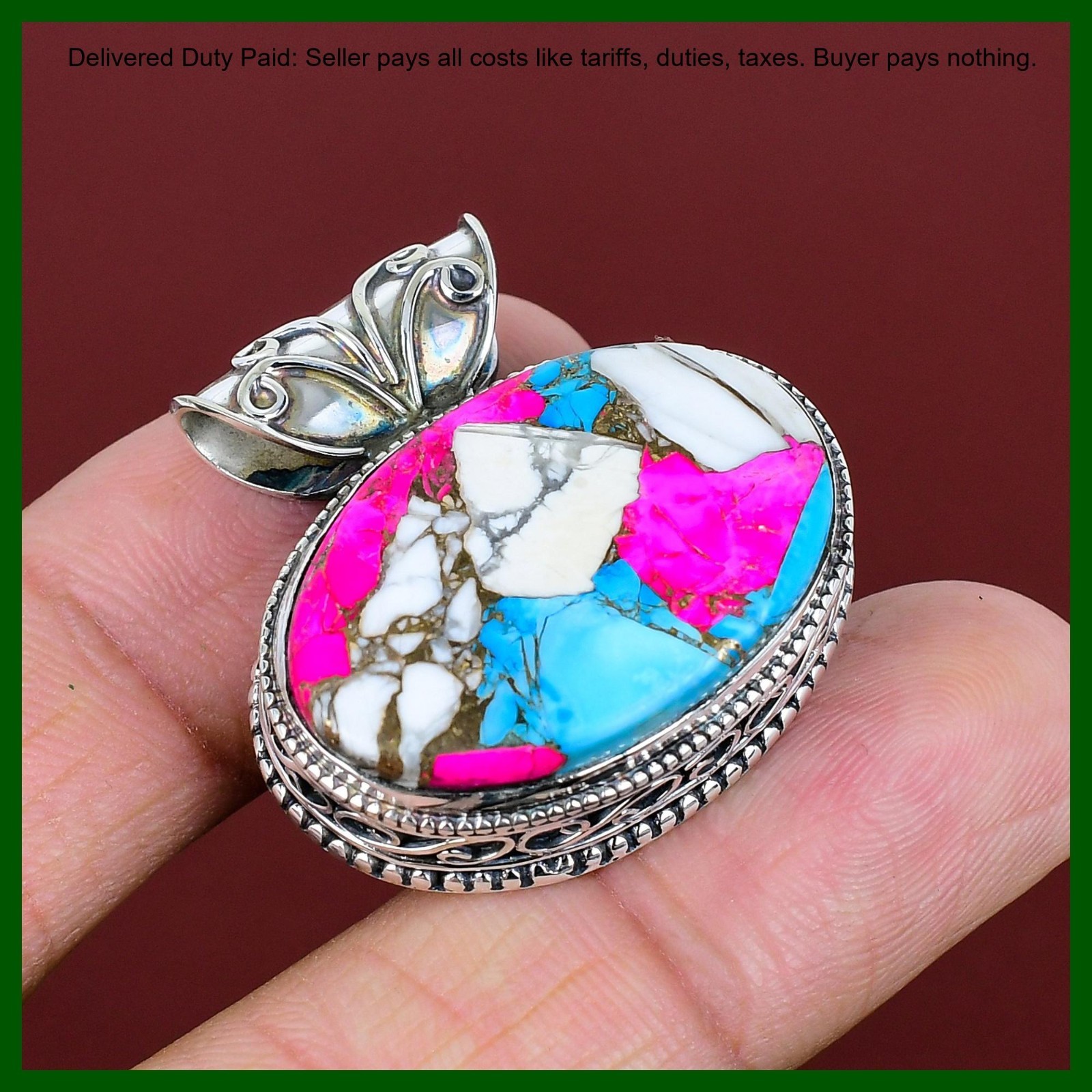 925 Sterling Silver Cotton Candy Turquoise Stone Ethnic Vintage Pendant Jewelry