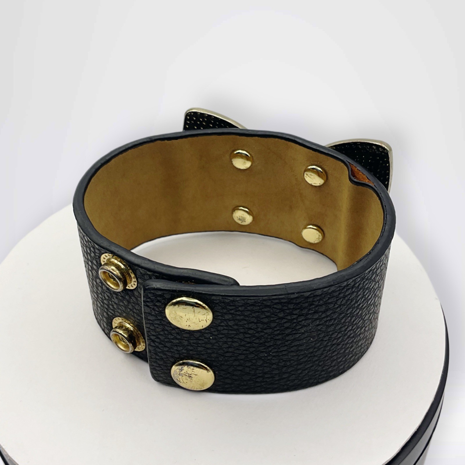 Vintage! Y2K Black Leather Cuff Bracelet Metal Enamel Black Bow, Adjustable