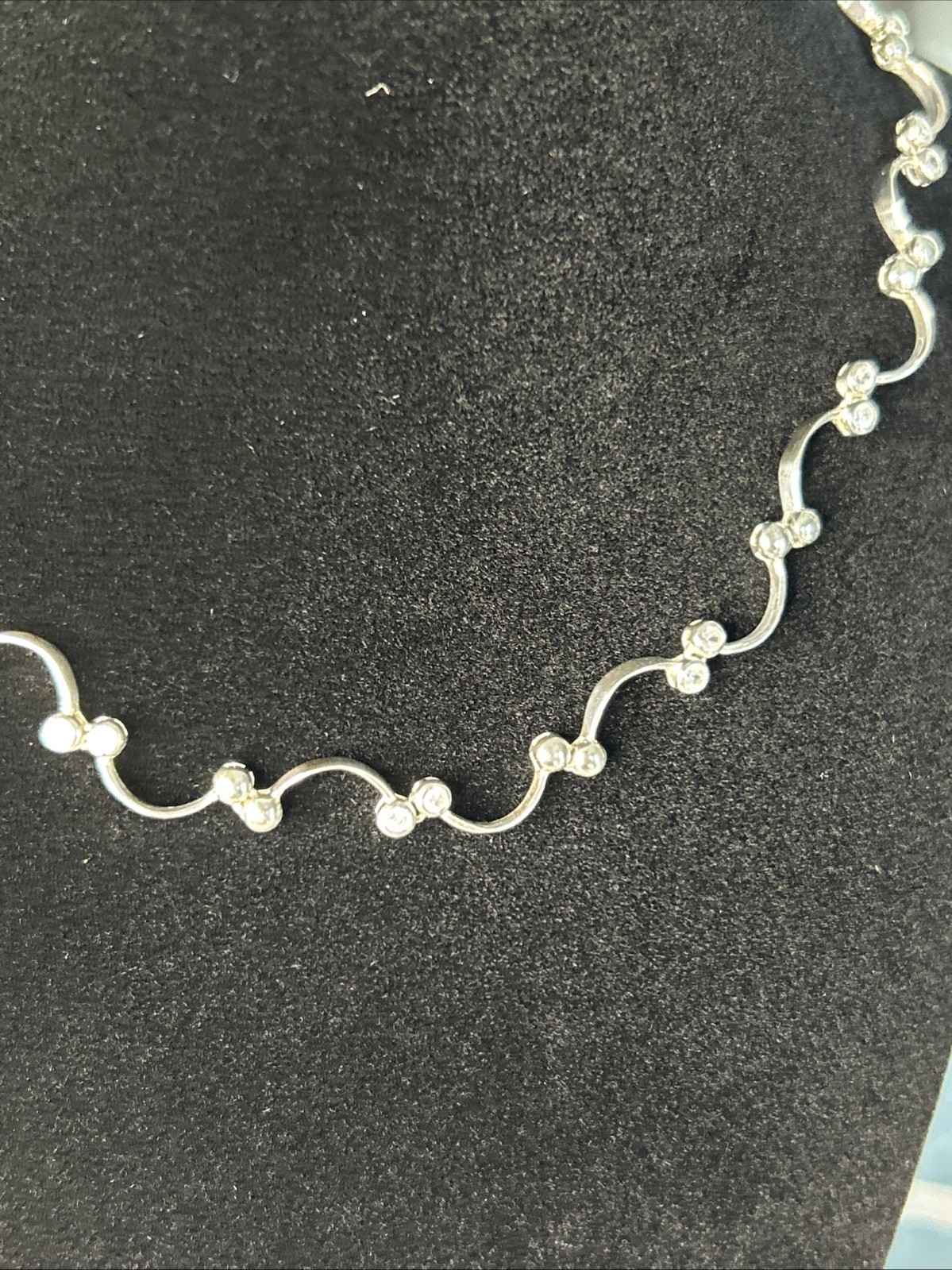 Vintage 925 Sterling Silver Scallop Bib Choker Necklace CZ’s 15 inch