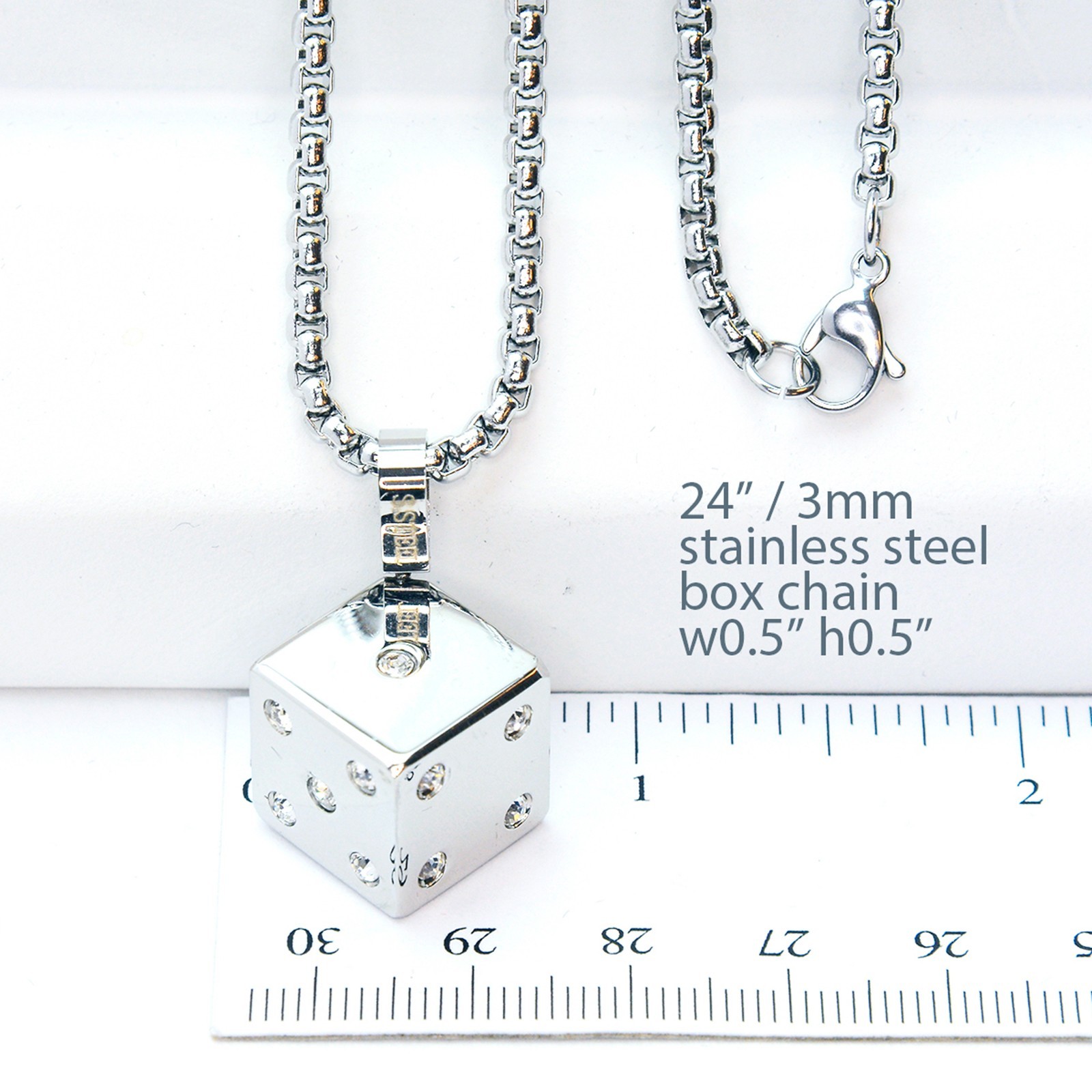 Men’s Jewelry Stainless Steel 3D Dice Pendant 3 mm Box Chain 24″ SCP 173 S