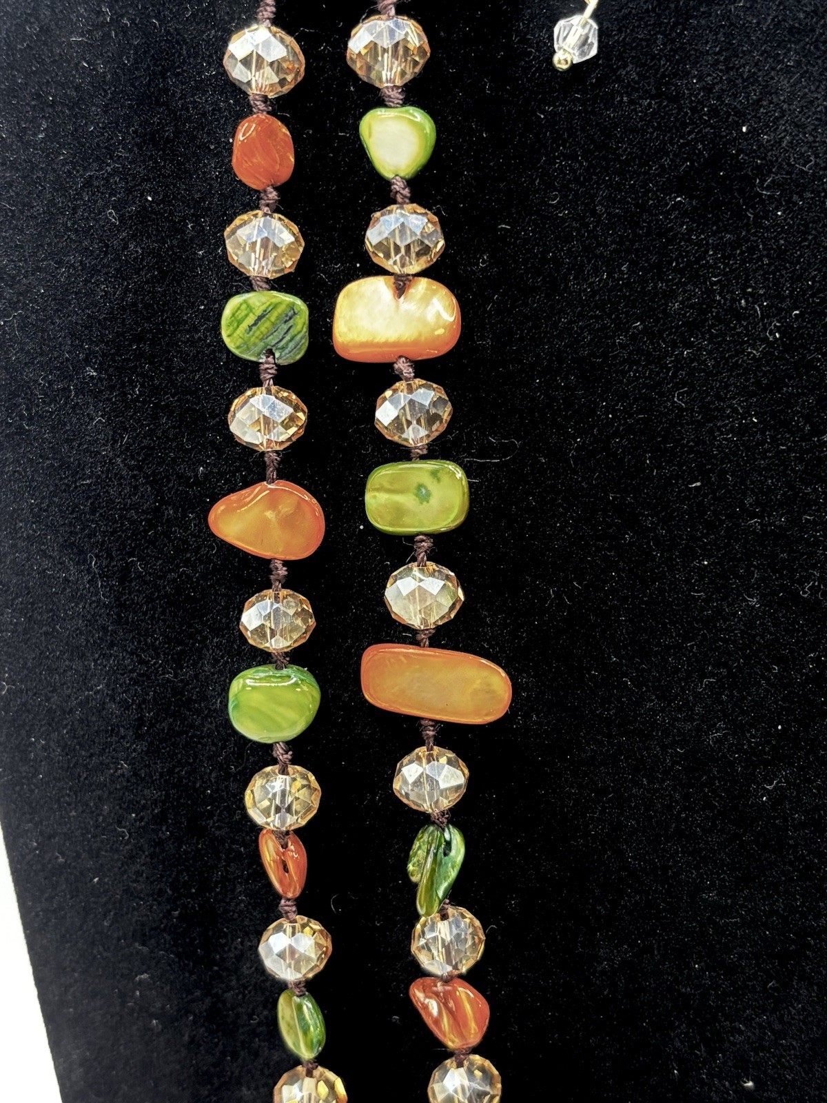Artisan Dyed MOP & Crystal Long Necklace Asymmetrical Drop Earrings Set