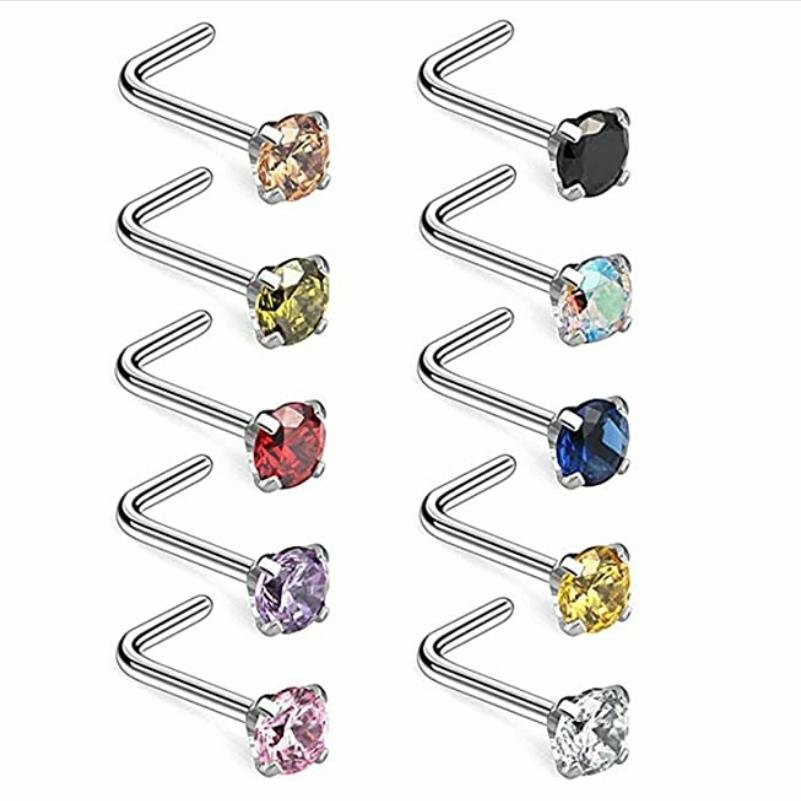18G Surgical Steel Mix Color CZ L Shaped Nose Stud Rings Piercing Jewelry 10PCS