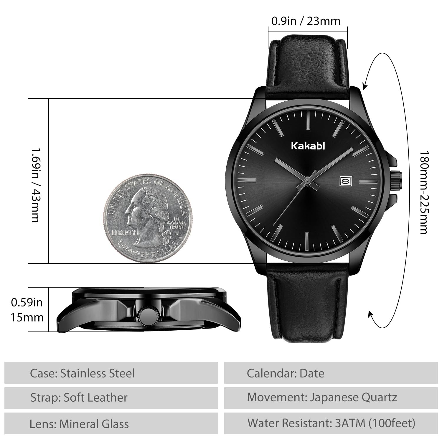 Kakabi Watches for Men, Minimalist Fashion Mens Leather K7303B-AllBlack-P