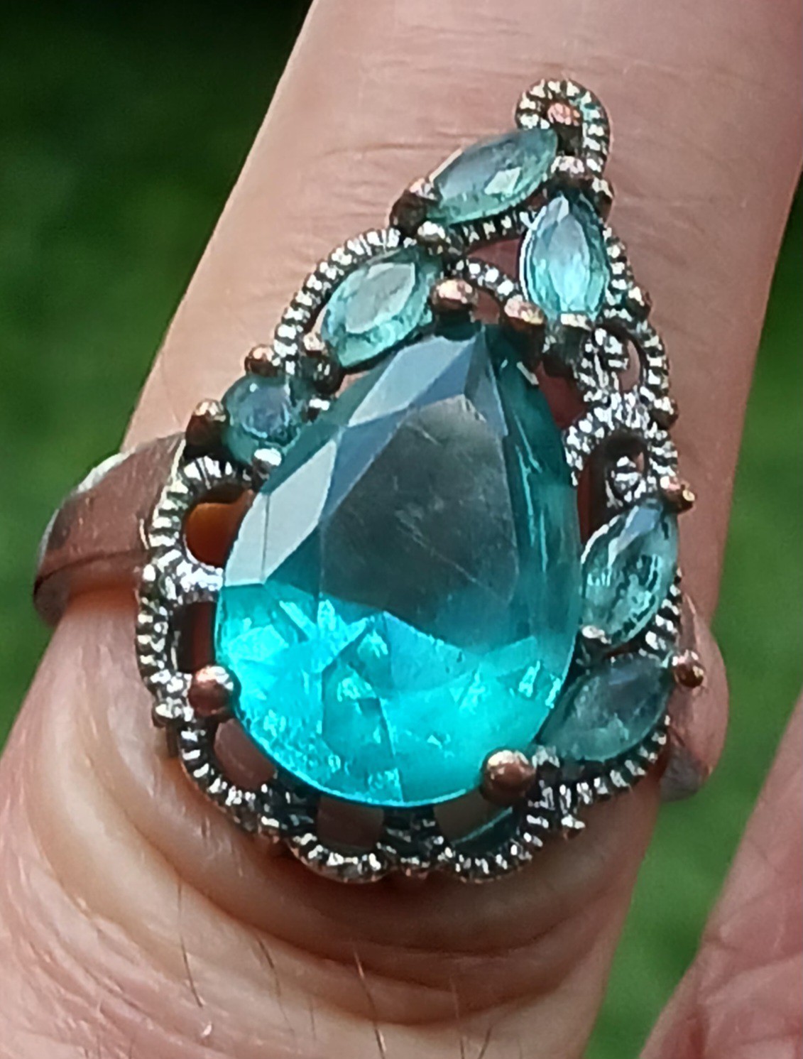 Vtg Cocktail Ring Aqua Blue Silverplate/ Silvertone Estate Ring Sz 7.75