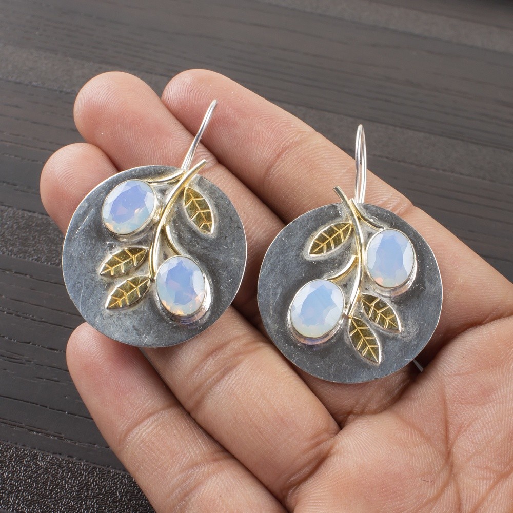 Sterling Silver Milky Opal Stone Engagement Dangle Bezel October Sister Earrings