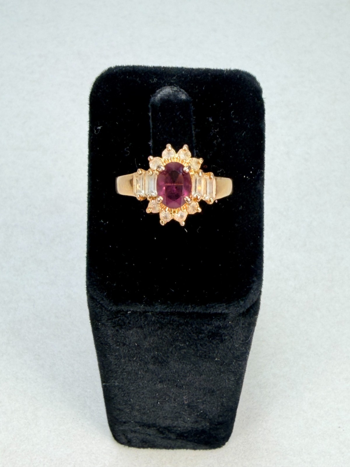 Vintage 14K GE Taiwan Ruby Red CZ Cocktail Ring Baguette Halo Estate Jewelry