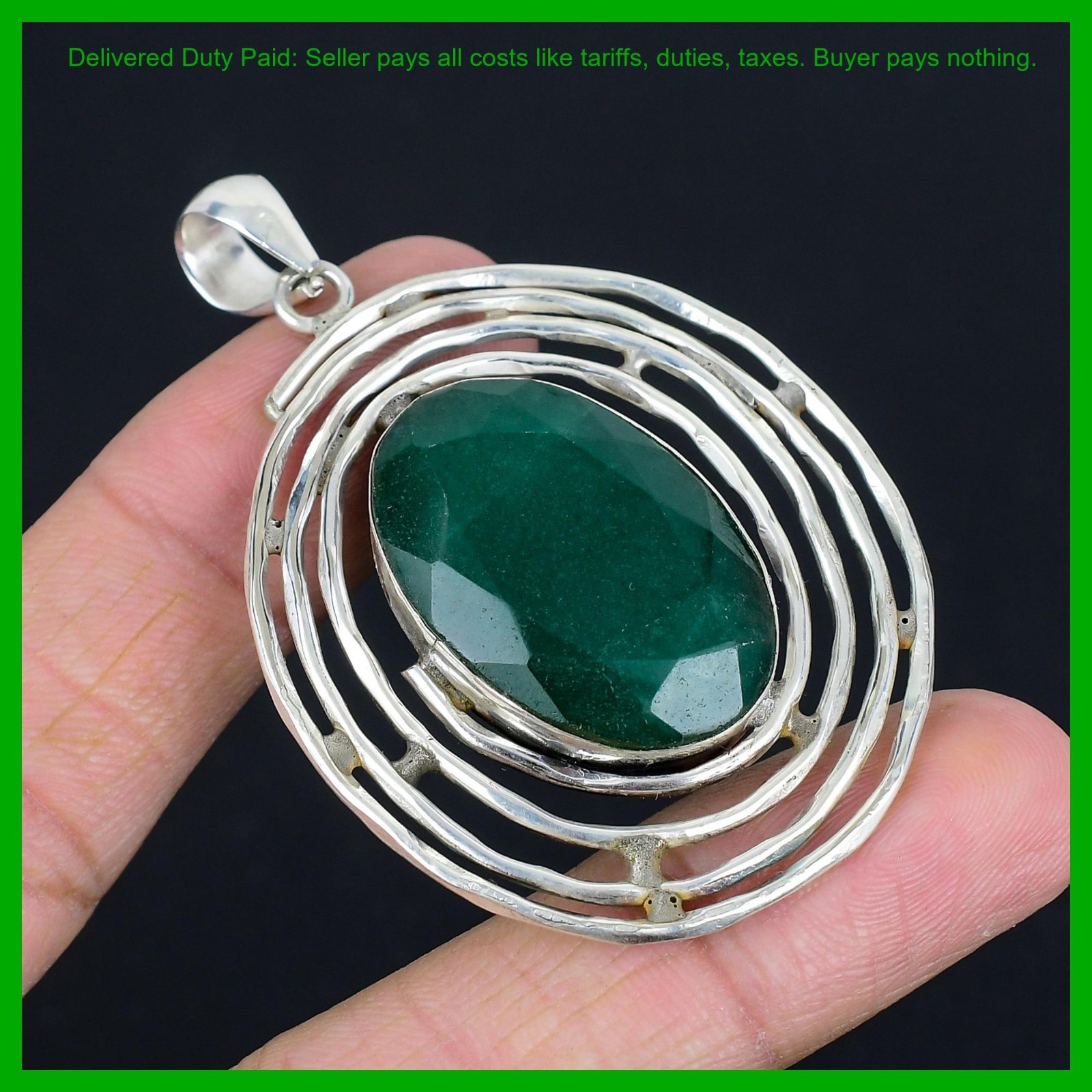 Valentines Sale Oval Natural Zambian Emrald Handcrafted Pendant Sterling Silver