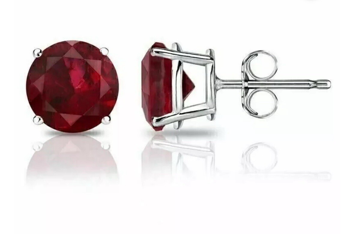 4 CT LAB CREATED RED RUBY STUD EARRINGS 14K WHITE GOLD ROUND CUT 7MM PUSH BACK